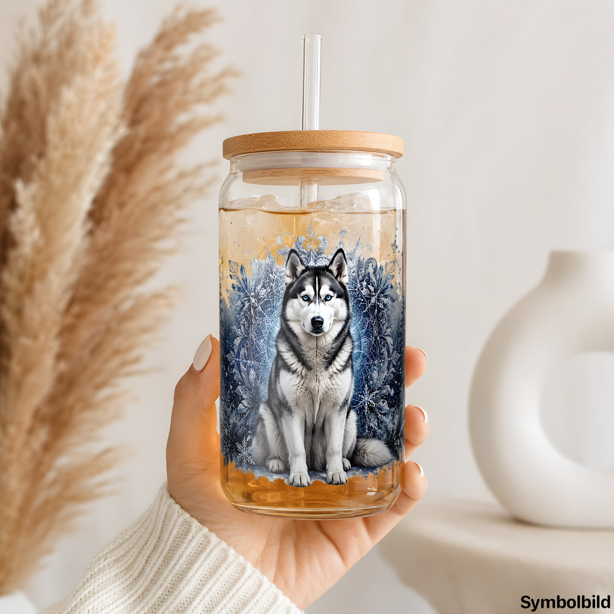 Becher-Aufkleber „Husky im Winterwald“ auf einem 16oz Glasbecher