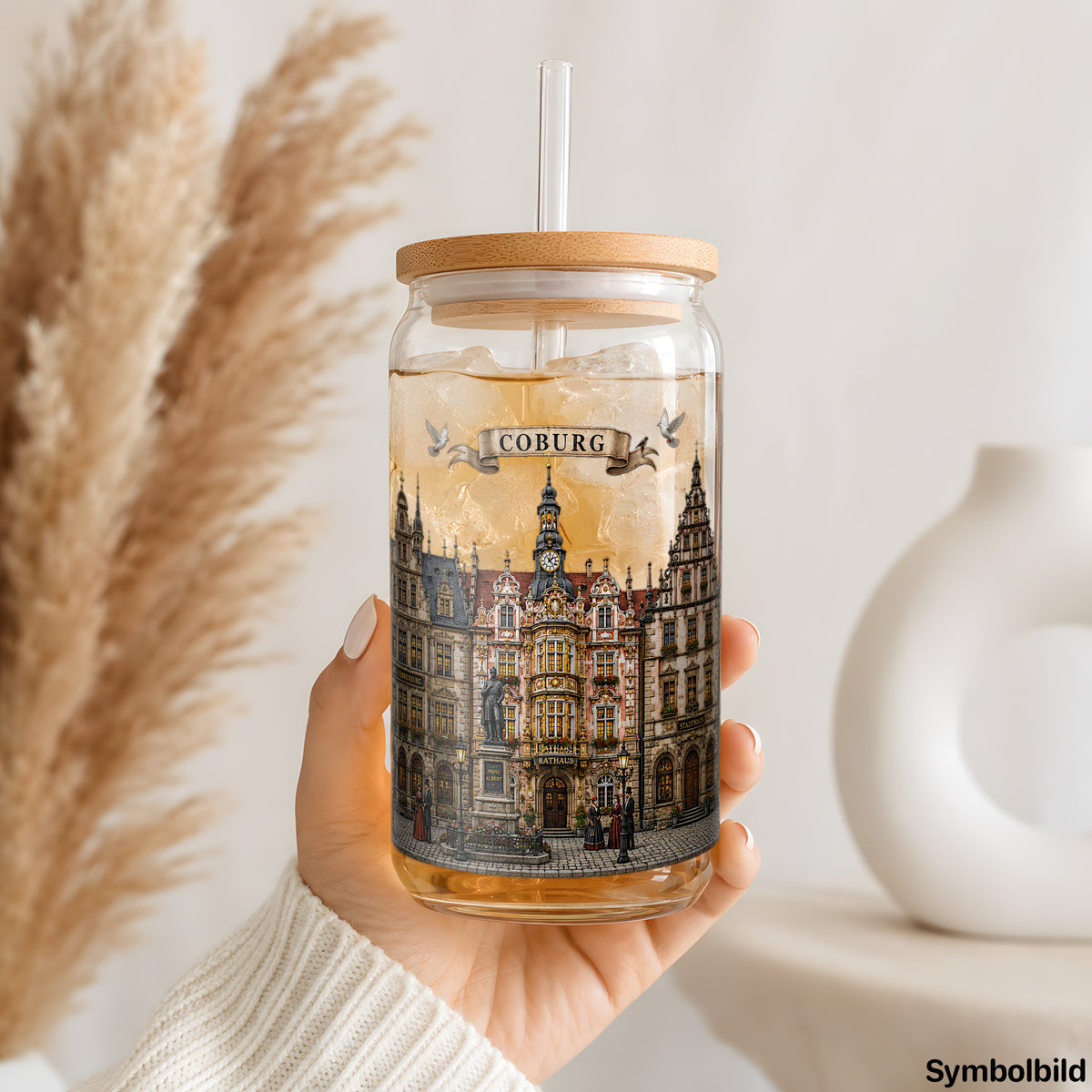 Coburg-Aufkleber auf einem 16oz Glasbecher
