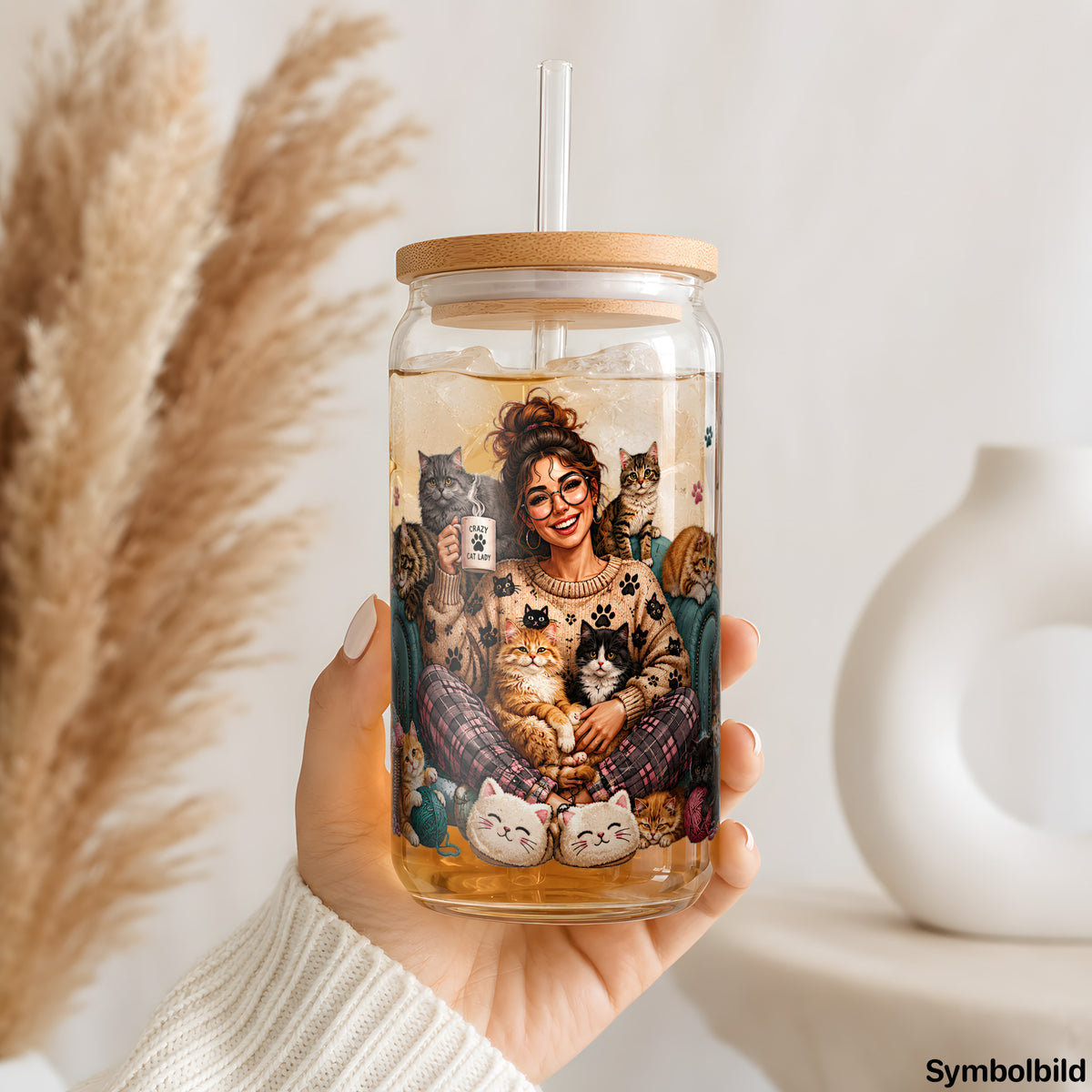 Katzenfrau-Aufkleber auf einem 16oz Glasbecher