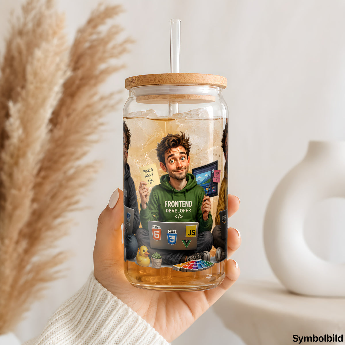 Entwickler-Trio-Aufkleber auf einem 16oz Glasbecher