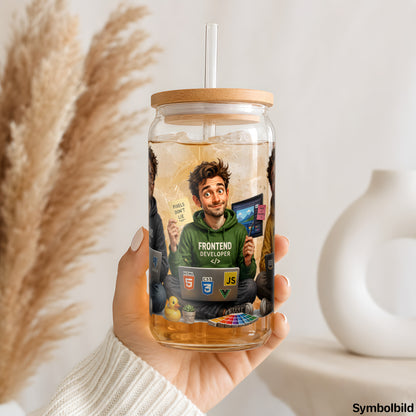 Entwickler-Trio-Aufkleber auf einem 16oz Glasbecher