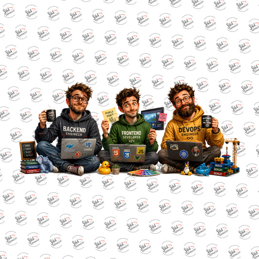 Entwickler-Trio als Rub-on-Sticker, einzeln