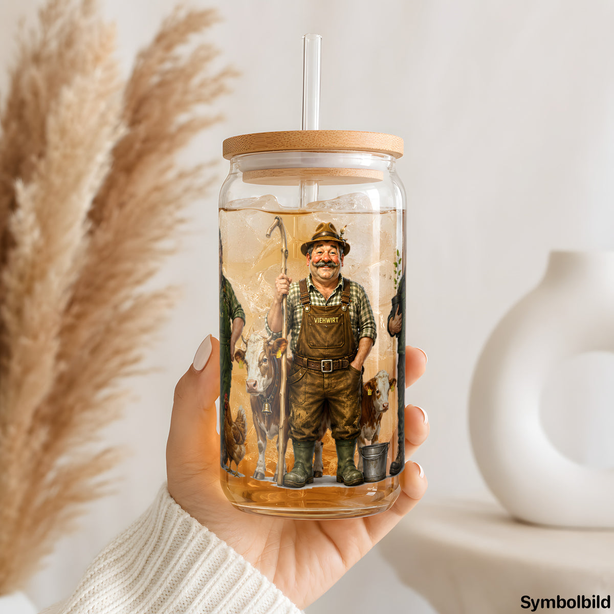 Becher-Aufkleber „Landwirte bei der Arbeit“ auf einem 16oz Glasbecher