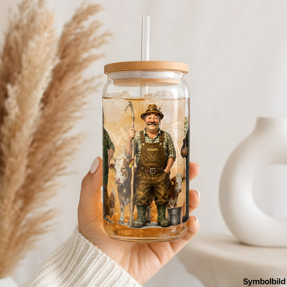 Becher-Aufkleber „Landwirte bei der Arbeit“ auf einem 16oz Glasbecher