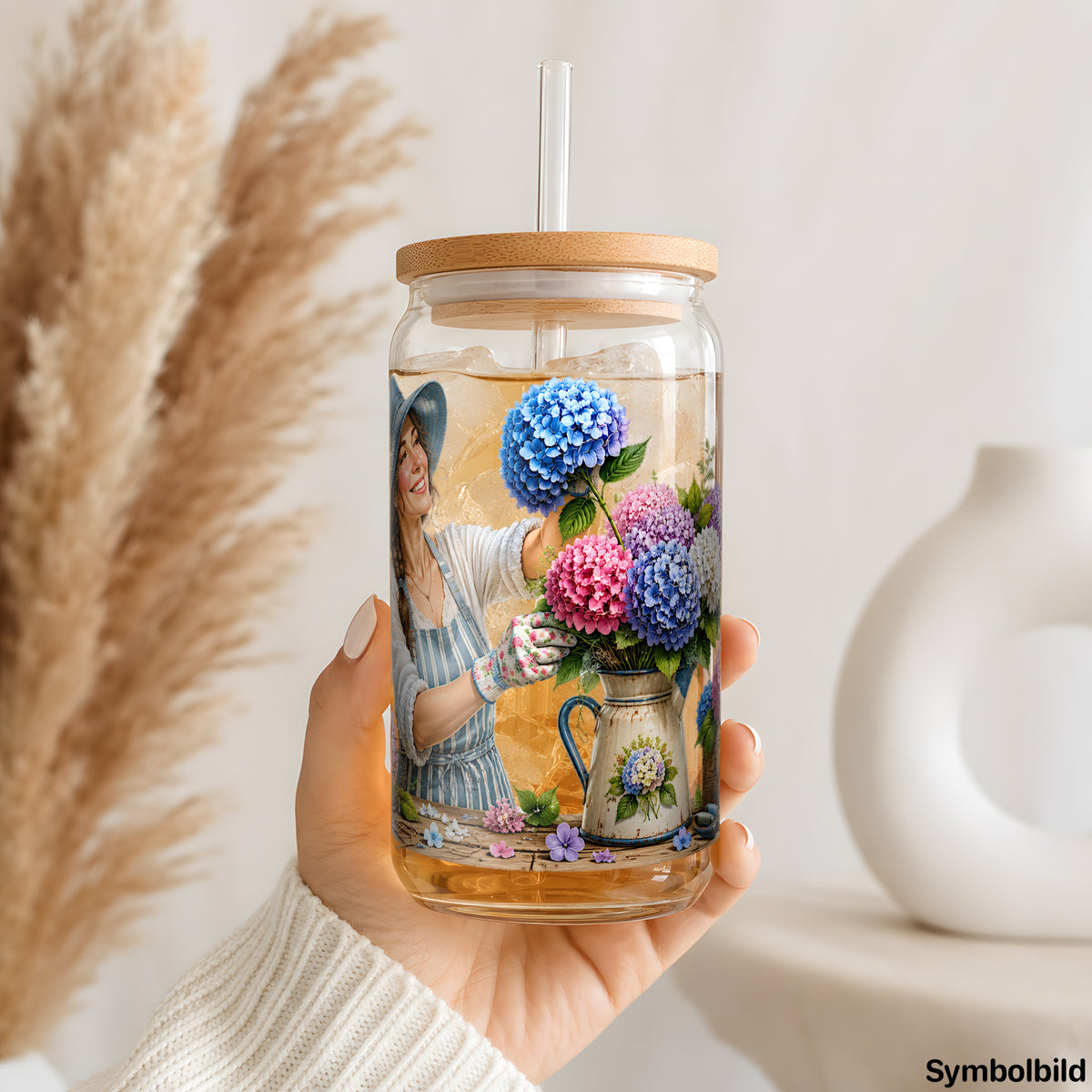 Hortensienliebe-Aufkleber auf einem 16oz Glasbecher