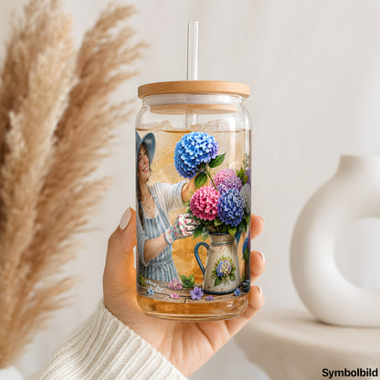 Hortensienliebe-Aufkleber auf einem 16oz Glasbecher