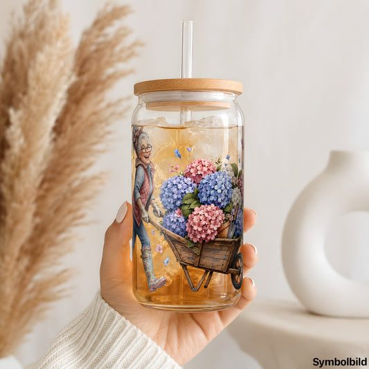 Becher-Aufkleber „Hortensien in der Schubkarre“ auf einem 16oz Glasbecher