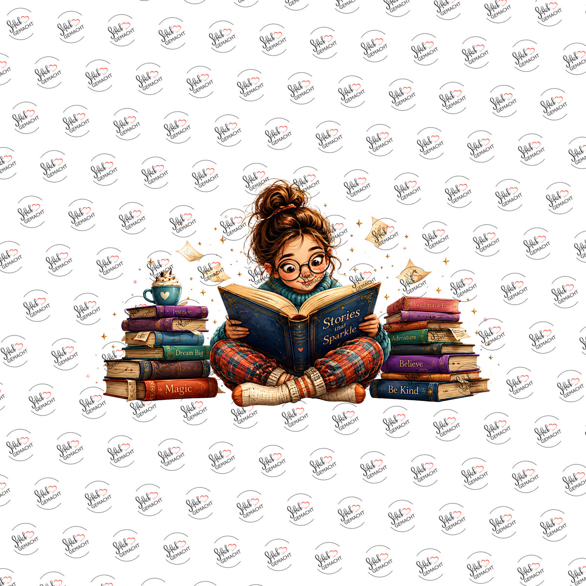 Leseratte auf Bücherstapel als Rub-on-Sticker, einzeln