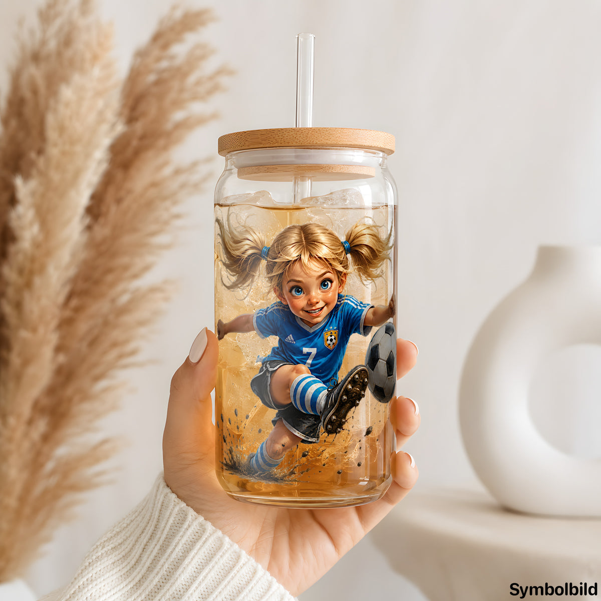 Fußballmädchen-Aufkleber auf einem 16oz Glasbecher