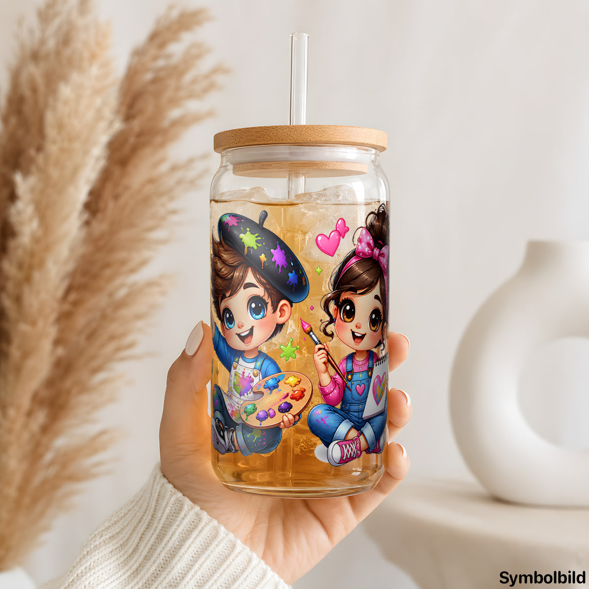 Becher-Aufkleber „Kleine Künstler“ auf einem 16oz Glasbecher