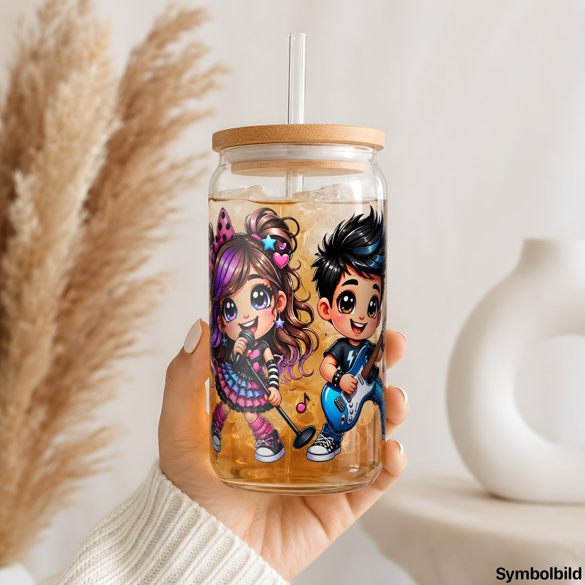 Becher-Aufkleber „Kleine Rockband“ auf einem 16oz Glasbecher
