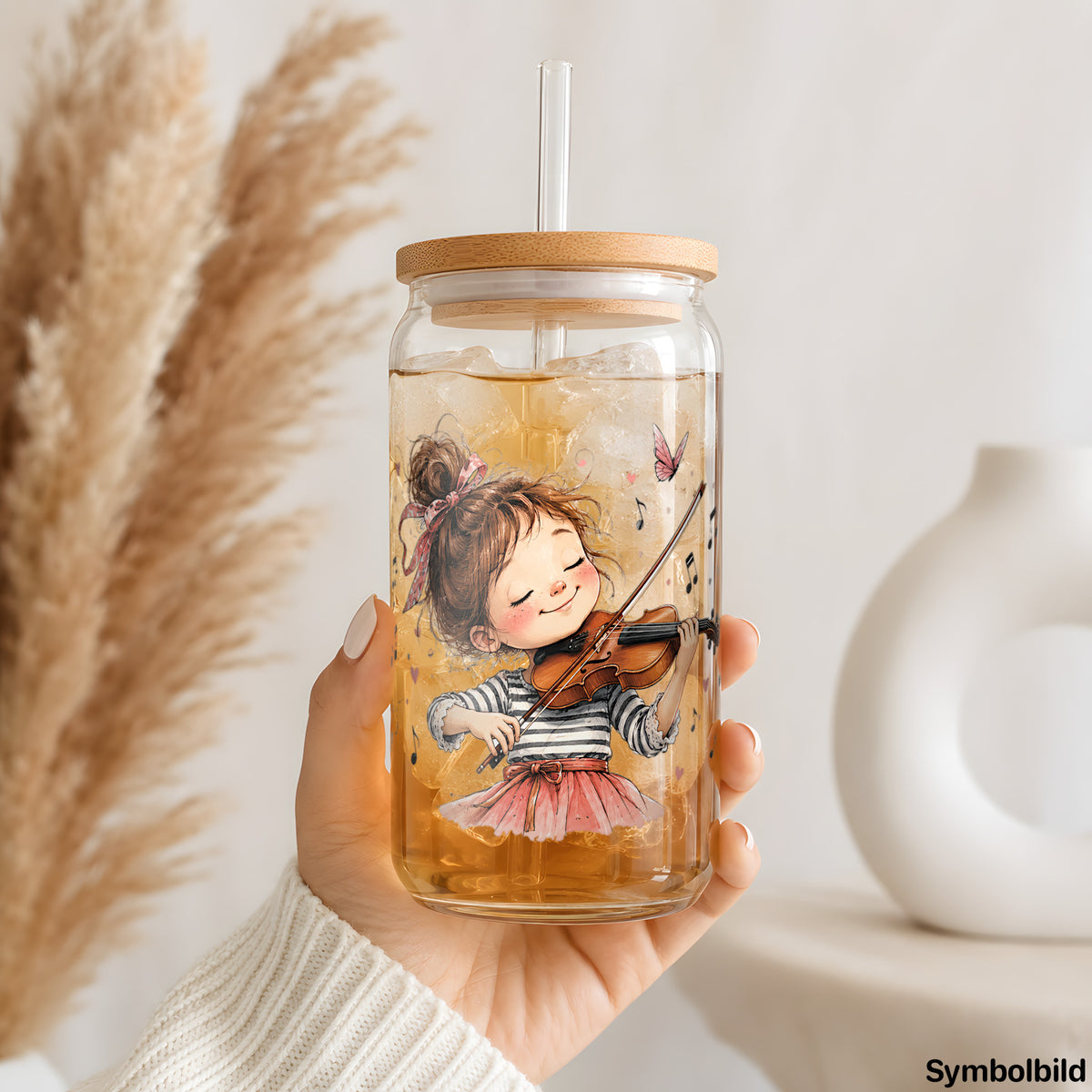 Becher-Aufkleber „Mädchen an der Geige“ auf einem 16oz Glasbecher