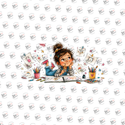 Mädchen mit Zeichenblock als Rub-on-Sticker, einzeln