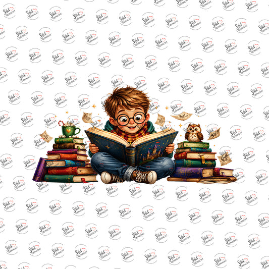 Junge im Bücherstapel als Rub-on-Sticker, einzeln