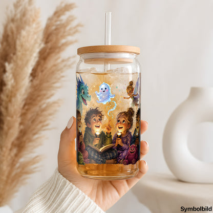 Becher-Aufkleber „Nachtgeschichten mit Monstern“ auf einem 16oz Glasbecher