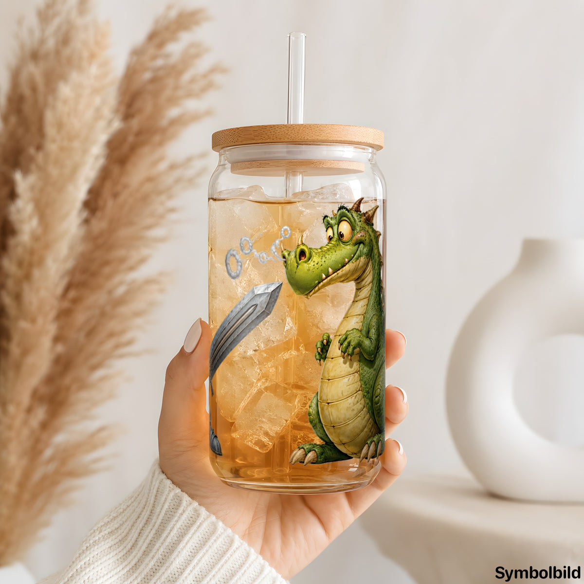 Becher-Aufkleber „Ritter trifft Drache“ auf einem 16oz Glasbecher