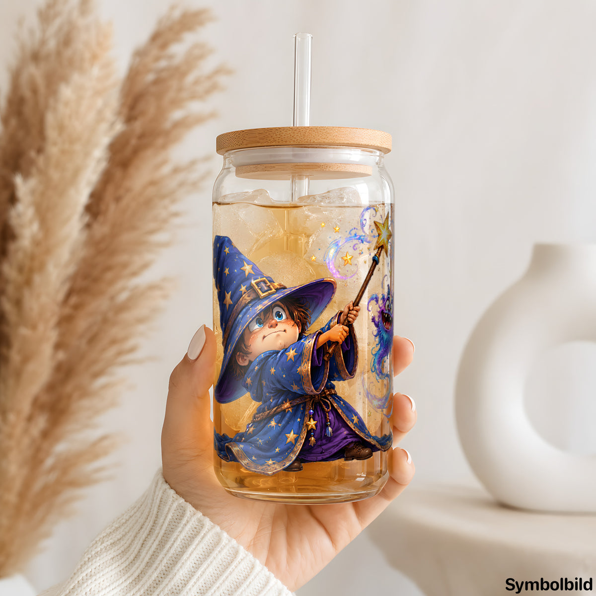 Becher-Aufkleber „Kleiner Zauberer“ auf einem 16oz Glasbecher