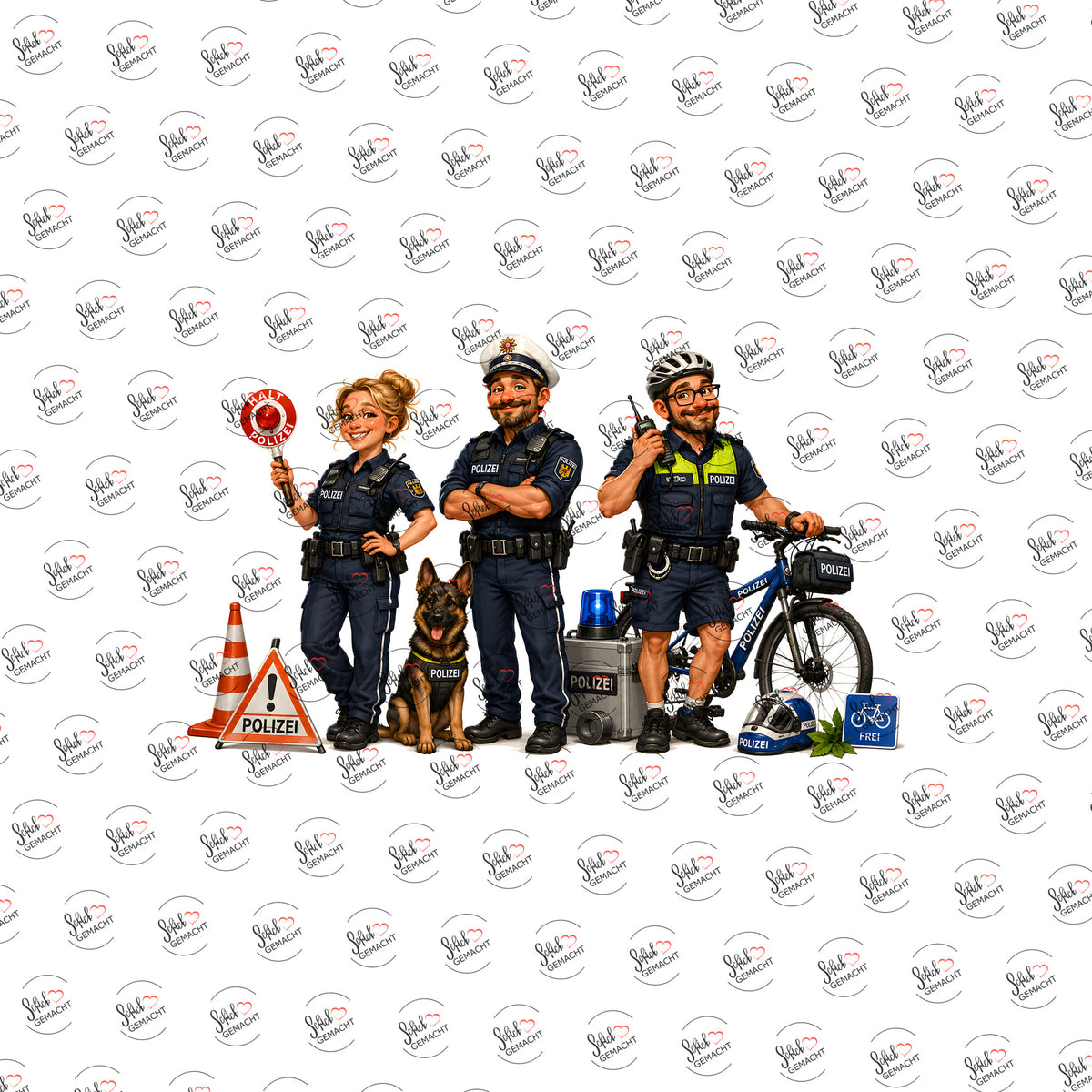 Polizei-Trio im Dienst als Rub-on-Sticker, einzeln