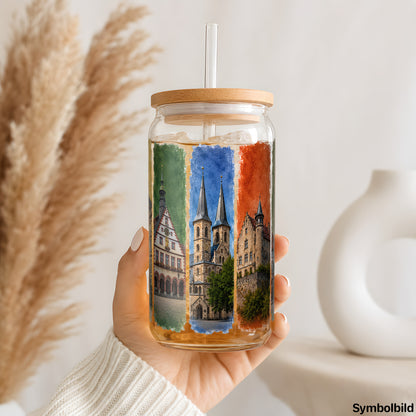 Becher-Aufkleber „Coburger Ansichten“ auf einem 16oz Glasbecher