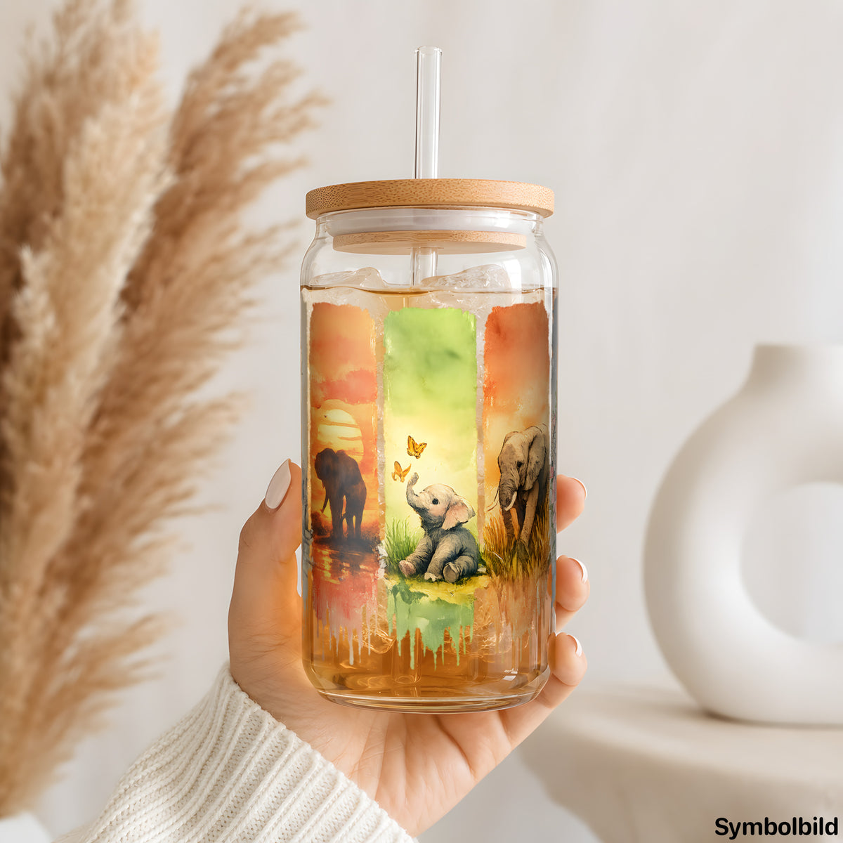 Becher-Aufkleber „Elefanten in der Steppe“ auf einem 16oz Glasbecher