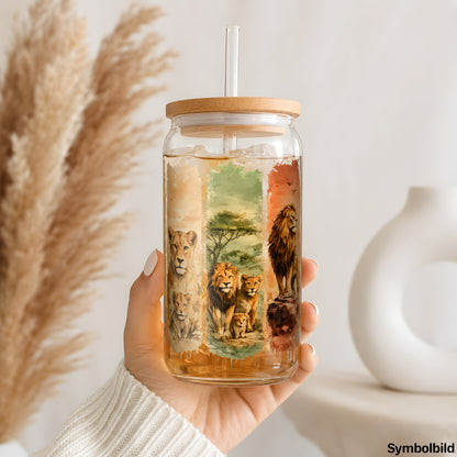 Becher-Aufkleber „Löwen der Savanne“ auf einem 16oz Glasbecher