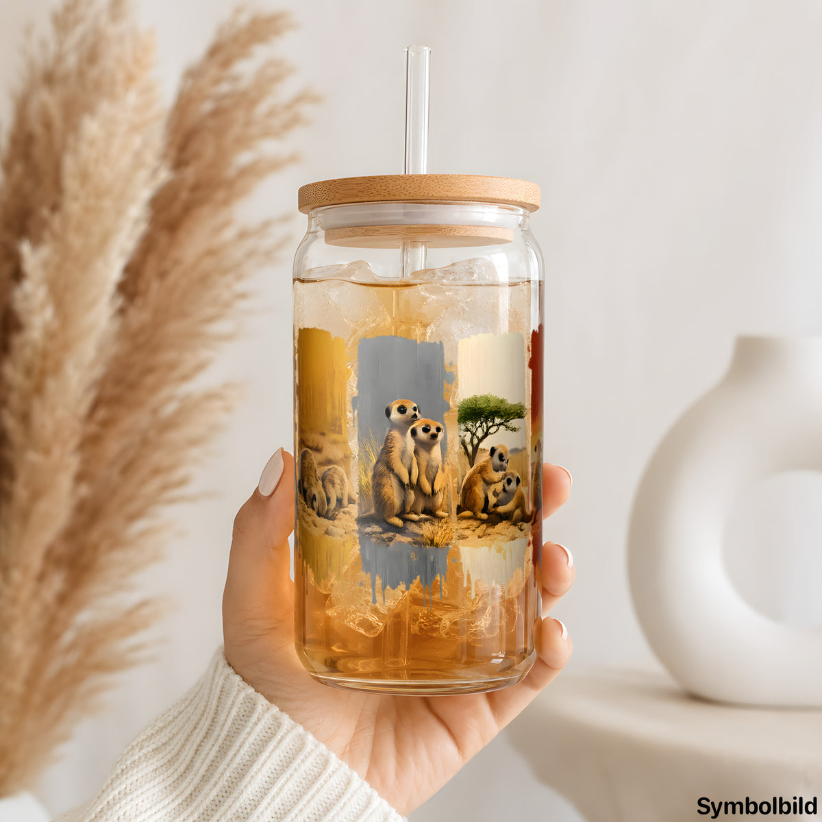 Erdmännchen-Streifen-Aufkleber auf einem 16oz Glasbecher