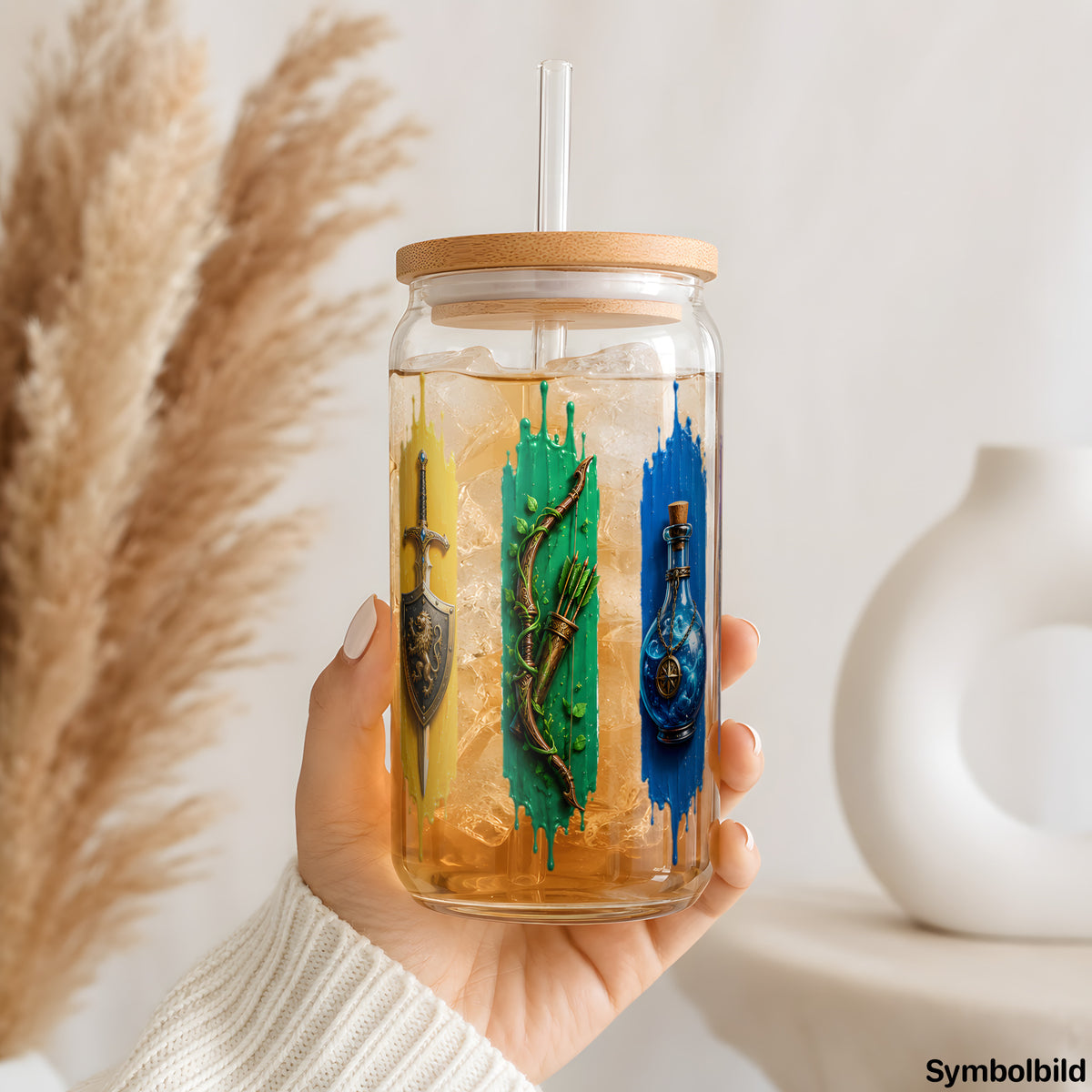 Fantasy-Ausrüstung-Aufkleber auf einem 16oz Glasbecher