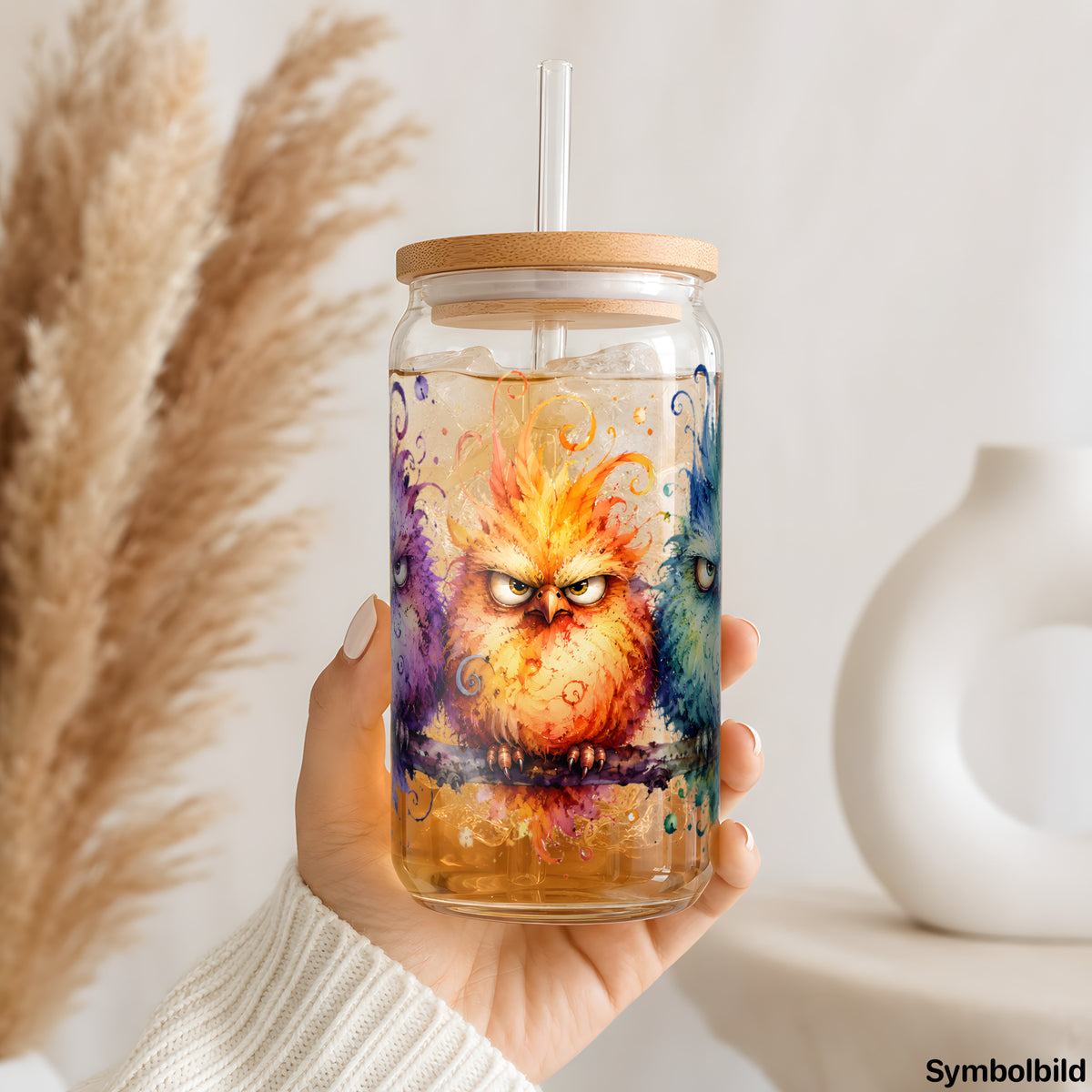 Becher-Aufkleber „Zottelige Eulen“ auf einem 16oz Glasbecher