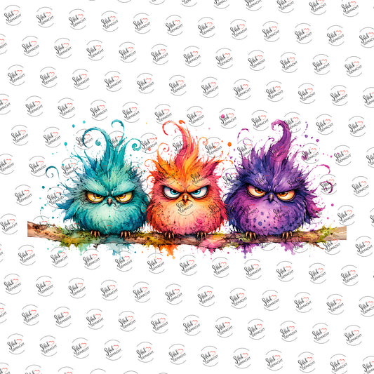 Grimmige Eulen im Trio als Rub-on-Sticker, einzeln