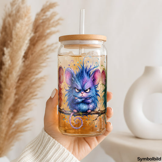 Becher-Aufkleber „Grimmige Mäuse“ auf einem 16oz Glasbecher