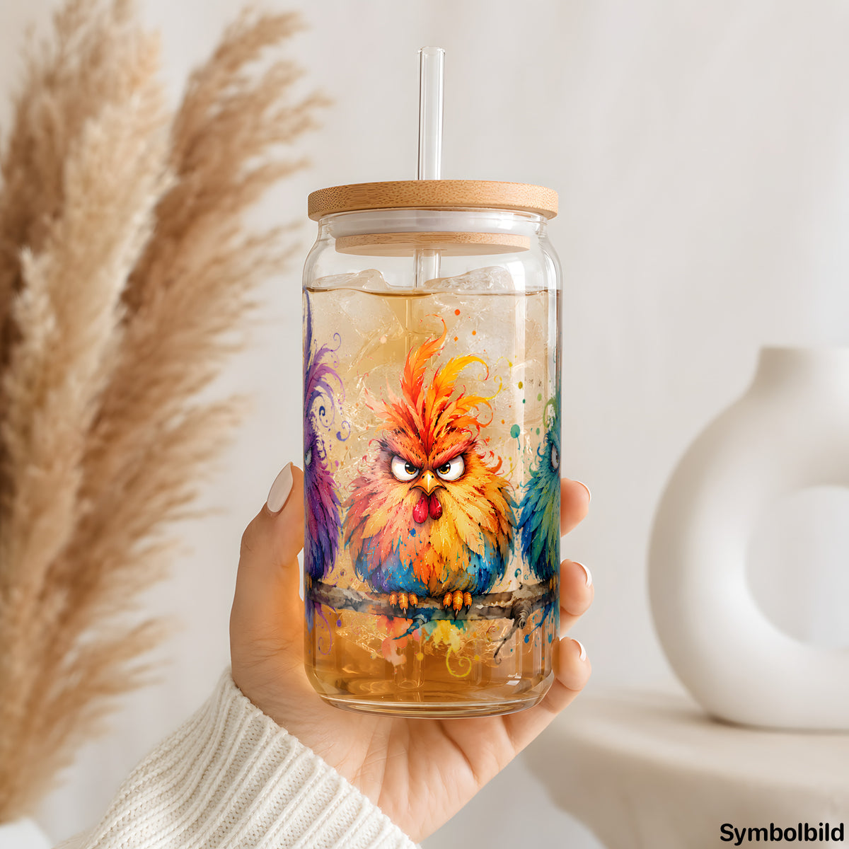 Becher-Aufkleber „Grimmige Vögel in Bunt“ auf einem 16oz Glasbecher