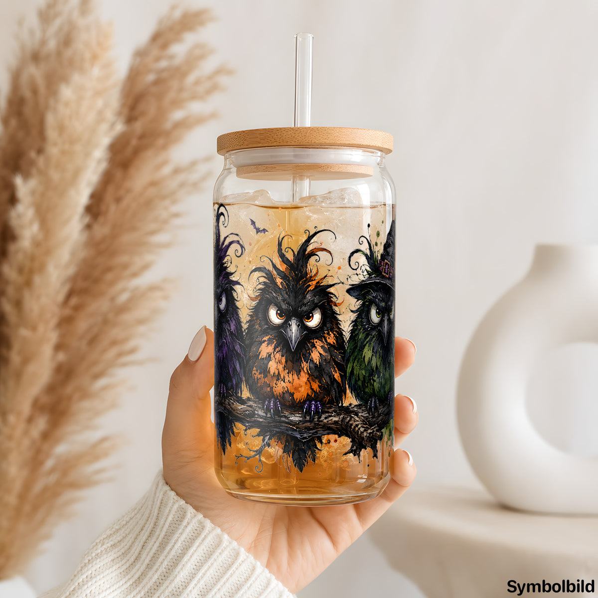 Becher-Aufkleber „Eulen mit Hexenhut“ auf einem 16oz Glasbecher
