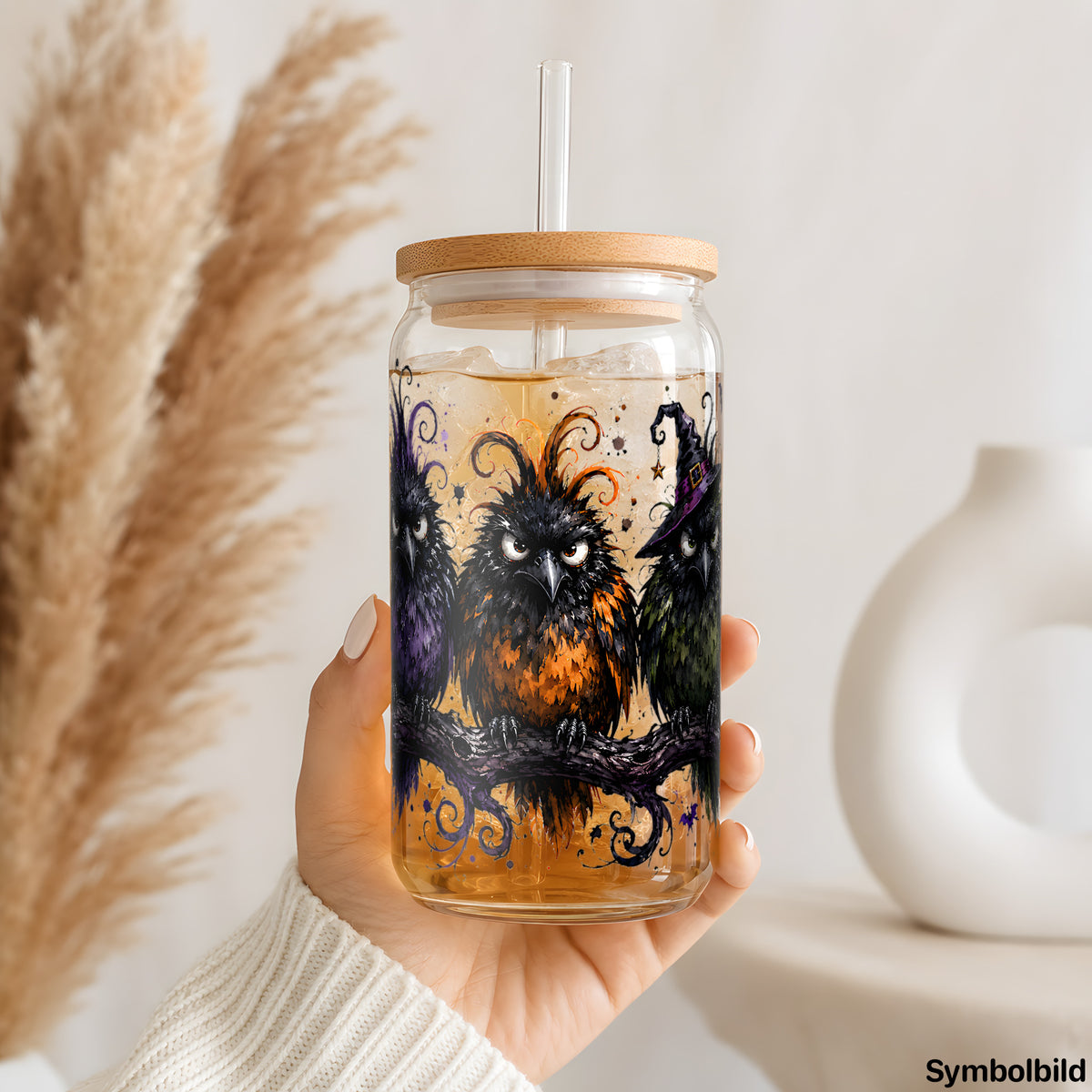 Becher-Aufkleber „Eulen im Mondlicht“ auf einem 16oz Glasbecher