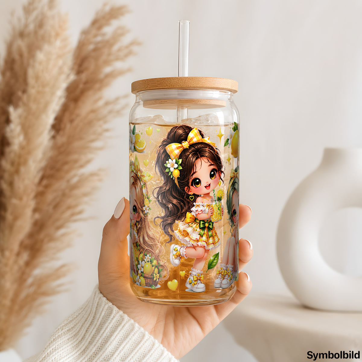 Zitronen-Mädchen-Aufkleber auf einem 16oz Glasbecher