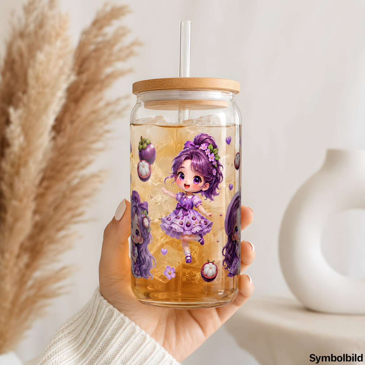 Litschi-Mädchen-Aufkleber auf einem 16oz Glasbecher
