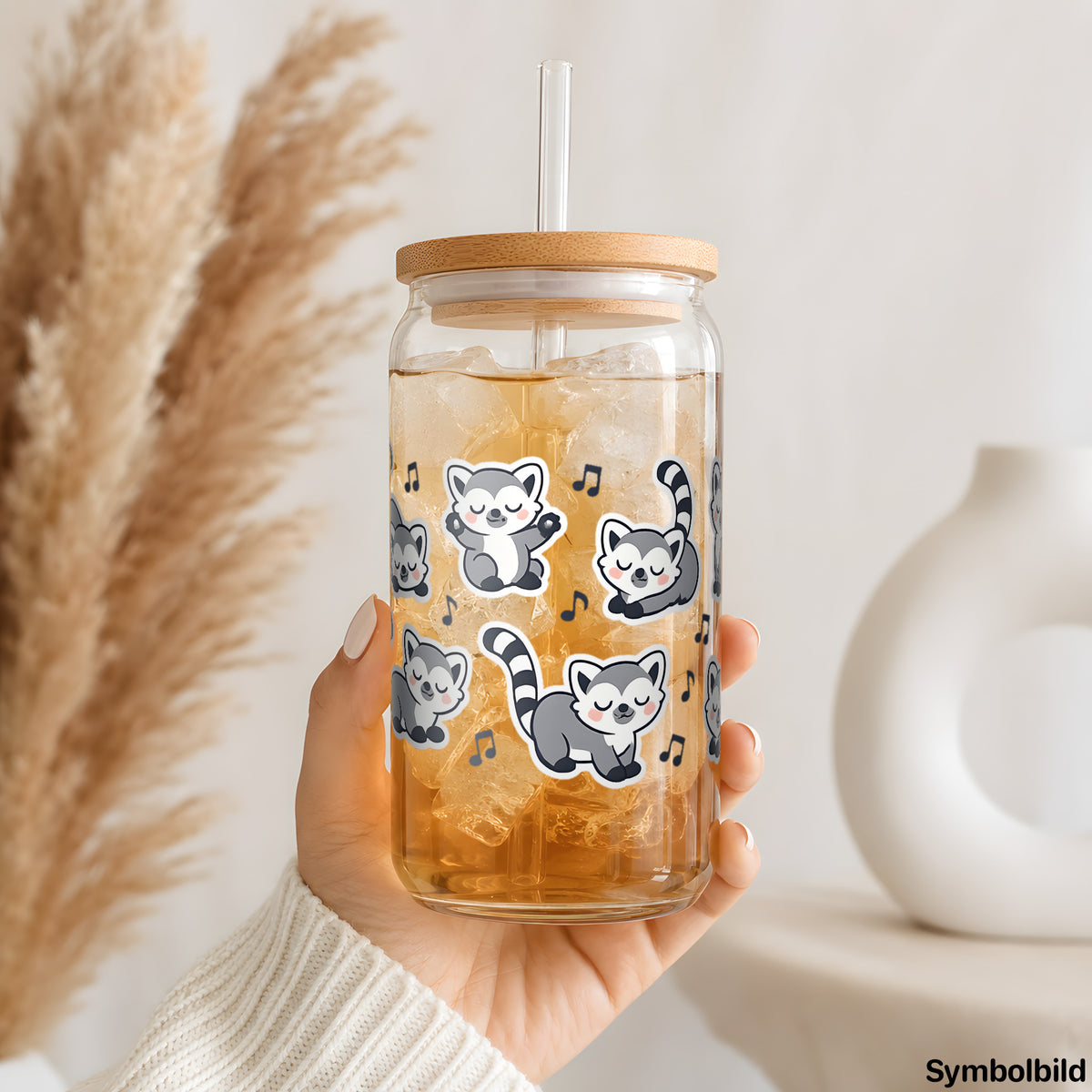 Becher-Aufkleber „Lemuren mit Musiknoten“ auf einem 16oz Glasbecher