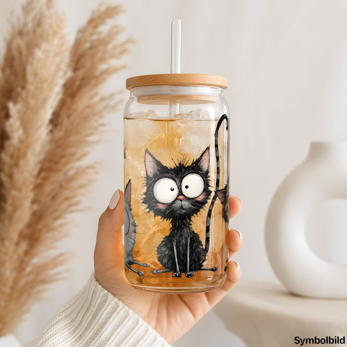 Becher-Aufkleber „Struppige Katzenbande“ auf einem 16oz Glasbecher
