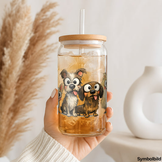 Becher-Aufkleber „Große Hunderunde“ auf einem 16oz Glasbecher