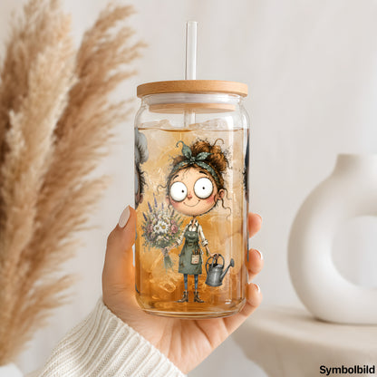 Becher-Aufkleber „Bäcker, Gärtnerin und Postbote“ auf einem 16oz Glasbecher