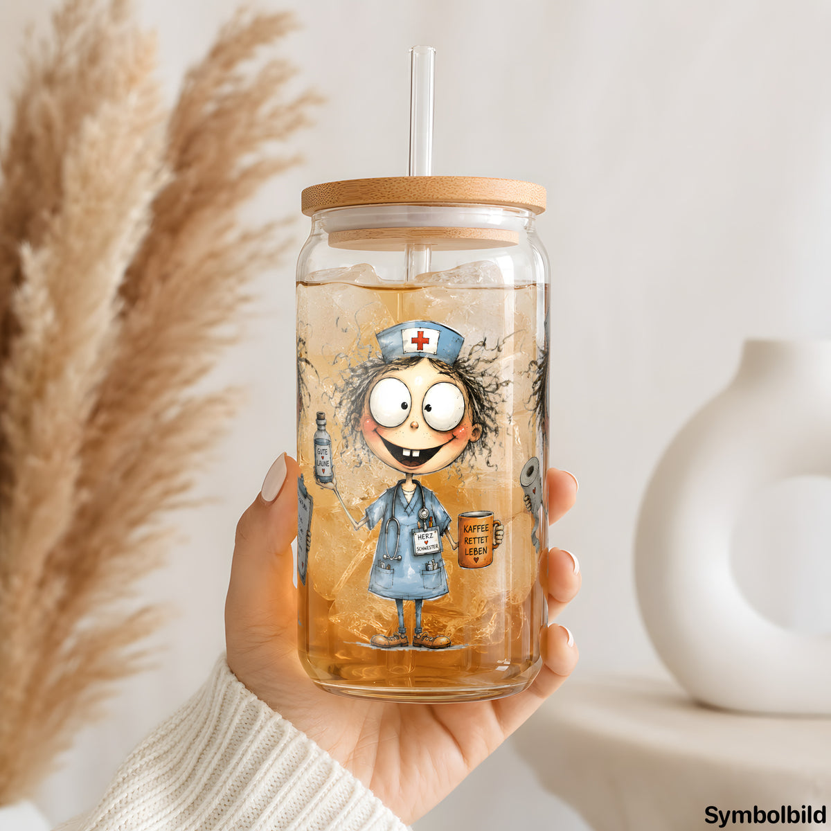 Becher-Aufkleber „Pflegekräfte im Einsatz“ auf einem 16oz Glasbecher