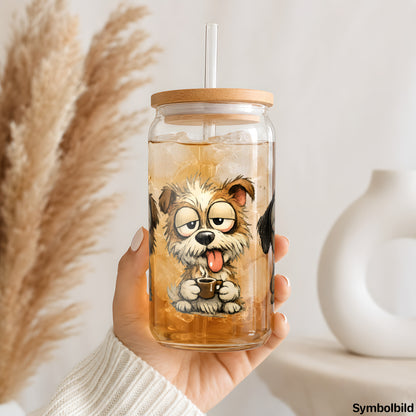 Becher-Aufkleber „Hunde beim Morgenkaffee“ auf einem 16oz Glasbecher