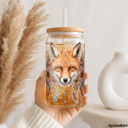 Becher-Aufkleber „Fuchs im Blütenkranz“ auf einem 16oz Glasbecher
