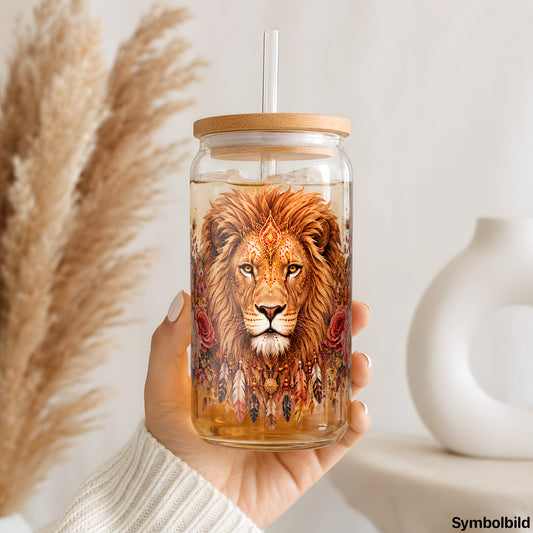 Becher-Aufkleber „Löwe im Blütenkranz“ auf einem 16oz Glasbecher
