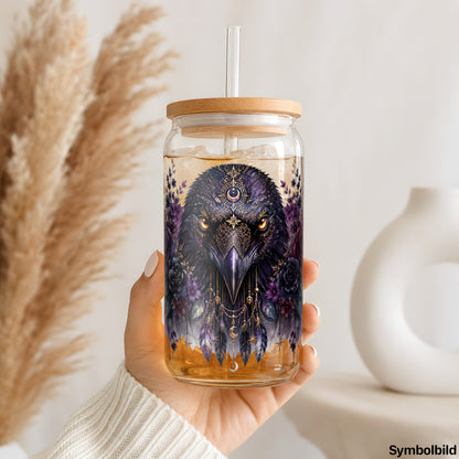 Becher-Aufkleber „Rabe im Blütenschmuck“ auf einem 16oz Glasbecher