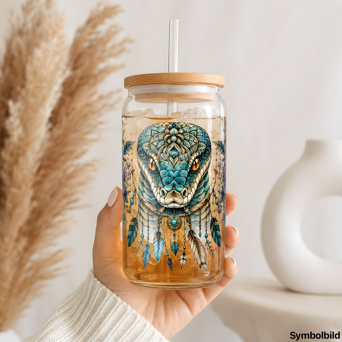 Becher-Aufkleber „Schlange zwischen Lilien“ auf einem 16oz Glasbecher