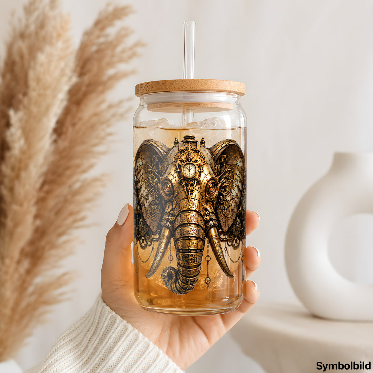 Steampunk-Elefant-Aufkleber auf einem 16oz Glasbecher