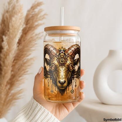 Steampunk-Widder-Aufkleber auf einem 16oz Glasbecher
