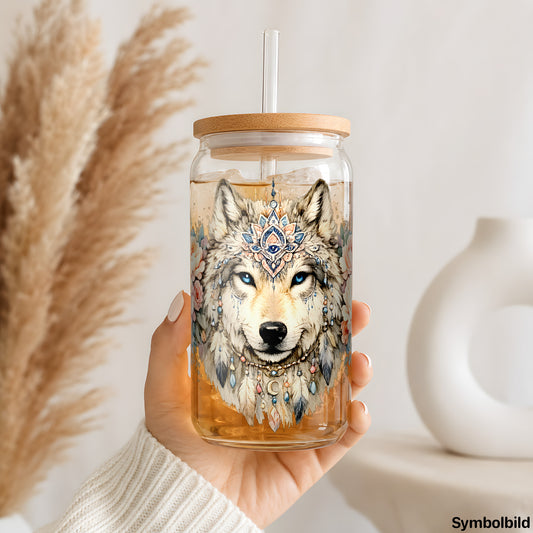 Becher-Aufkleber „Wolf mit Pfingstrosen“ auf einem 16oz Glasbecher