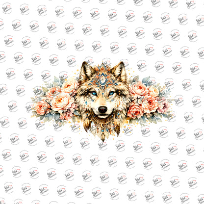 Wolf im Blütenkranz als Rub-on-Sticker, einzeln