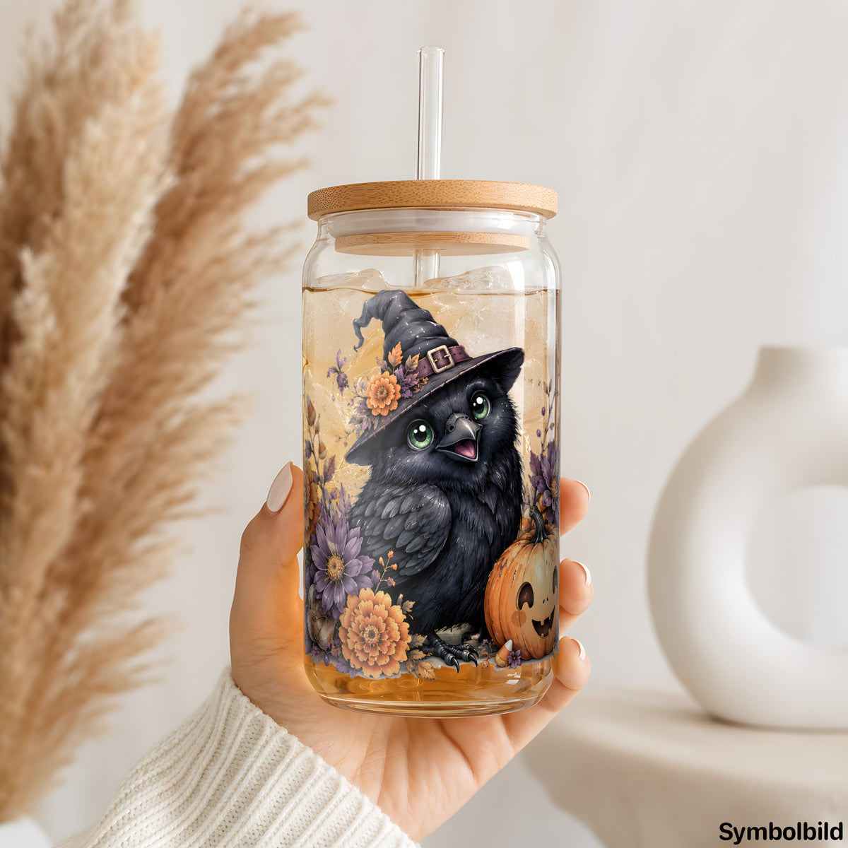 Becher-Aufkleber „Rabe mit Hexenhut“ auf einem 16oz Glasbecher